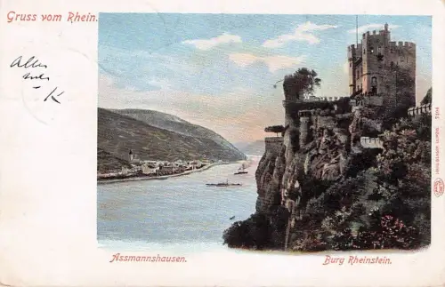 AK Gruss vom Rhein, Assmannshausen, Burg Rheinstein, vor 1905 -795918