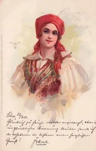 Oblaten scrap chromo Karte Jugendstil Dame Tracht -795928