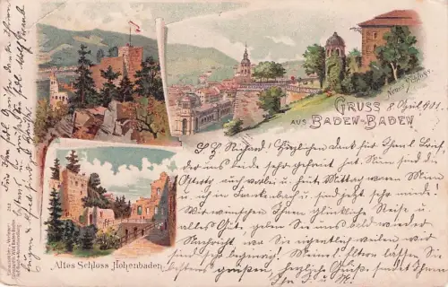 Lithographie Baden-Baden, Neues Schloss und Altes Schloss -796126