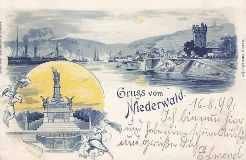 Mondschein Litho Bingen am Rhein, Nationaldenkmal, Niederwald, Turm -796376
