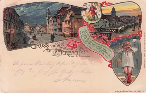 Lauterbach Hessen im Mondschein Kirche Strumpflied weinendes Kind Wappen -796394