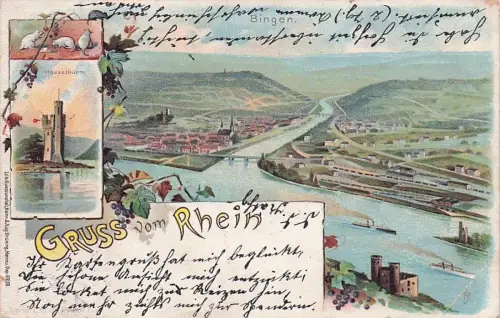 Lithographie Bingen / Rhein, Ortsansicht und Mäuseturm -796400