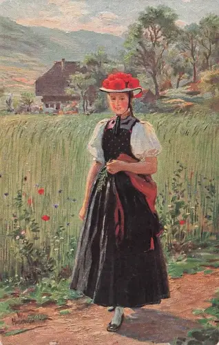 Künstler-AK Wilhelm Hasemann: Junge Frau in Tracht vor einer Wiese -796466