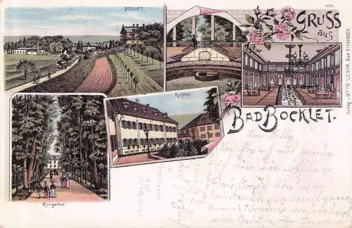 Lithographie Bad Bocklet, Kurhaus, Inneres Speisesaal, Kurgarten -796800