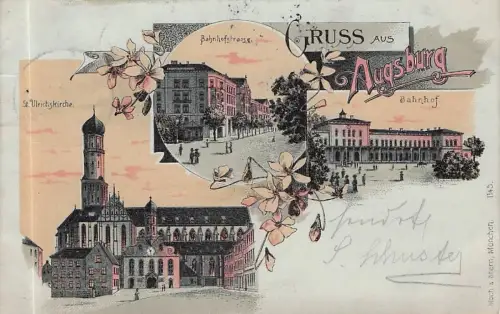 Augsburg, Farblitho mit Bahnhof und Bahnhofstraße, um 1900 -796814