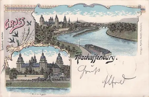 Litho Aschaffenburg in Unterfranken, Schloss Johannisburg, Panorama -796850