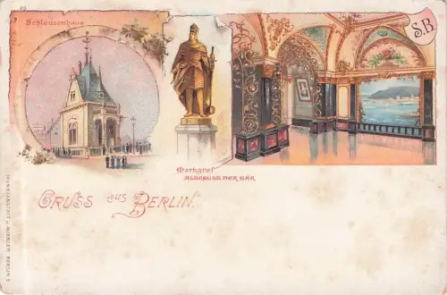 Lithographie Berlin-Tiergarten, Schleusenhaus, Denkmal von Albrecht der Bär -796868