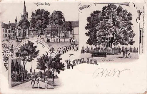 Lithographie Kevelaer, Kapellen-Platz, Kreuzweg und Kreuzbaum -796910
