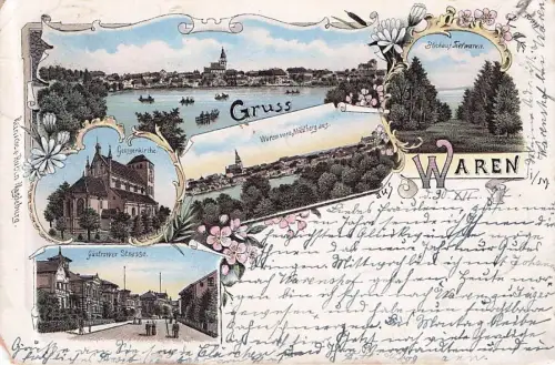Lithographie Waren i. M., Georgenkirche, Güstrowerstraße, Gesamtansicht -796898