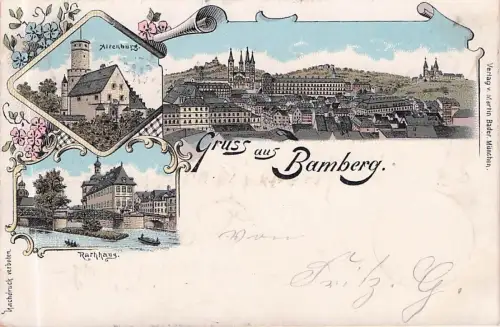 Lithographie Bamberg, Panorama, Altenburg, Michaelsberg & Rathaus -796812