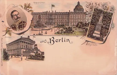 Lithographie Berlin, Blick auf Kgl. Schloss, Nationalgallerie, Denkmal der Königin Louise -796892