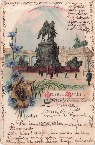 Lithographie Berlin, vor dem Denkmal Kaiser Wilhelm der Grosse, Wappen -796902