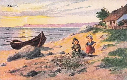 Fine Arts Illustration signierte Postkarte ethnische Kindertypen Angeln -796946