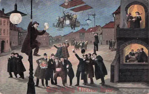 Neujahr Sylvester New Year feiernde Männer Scherzkarte 1912 -796970