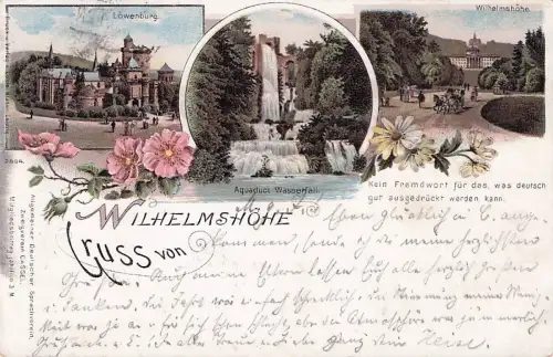 Lithographie Kassel-Wilhelmshöhe, Ortsansicht von der Allee, Löwenburg, Aquaduct Wasserfall -797008