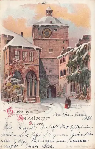 Lithographie Heidelberg, Innerer Schlosshof im Winter -797022