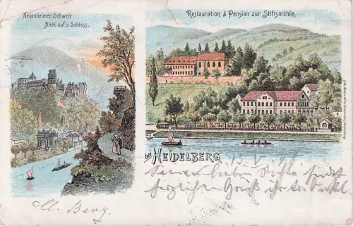 Litho Heidelberg am Neckar, Blick ins Neckartal, Restaurant und Pension -797010