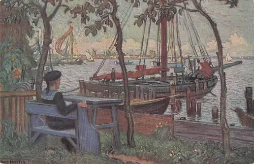 Künstler-AK Matrose sitzt im Urlaub auf einer Bank am Hafen, Segelboote -797002