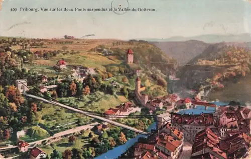 AK Fribourg, Vue sur les deux Ponts suspendus et la Vallée -797056