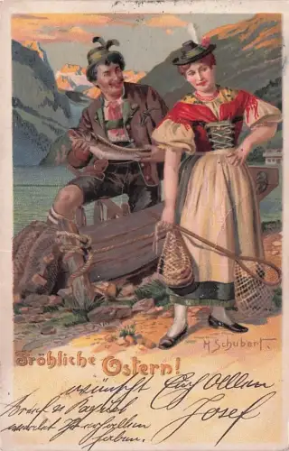 SCHUBERT Tiroler Tracht OSTERN Fischerboot Vintage Postkarte Litho -797110
