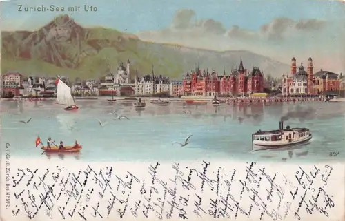 Lithographie Künzli Nr. 5013: Zürich, Dampfer auf dem Zürich-See gegen Uto, Berg mit Gesicht / Berggesichter -797086