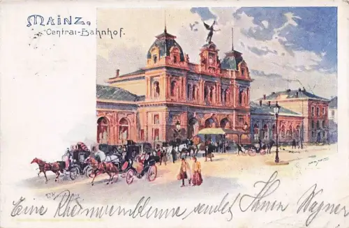 Künstler-AK Mainz, Central Bahnhof, Pferdegespanne -797166