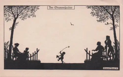 Künstler-AK Elsbeth Forck: Der Stammhalter, kleiner Junge auf Steckenpferd, Schattenbild -797210