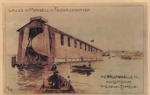 Künstler Litho Fuchs, K., Manzell Friedrichshafen am Bodensee, Ballonhalle, Zeppelin Luftschiff LZ 1 -797368