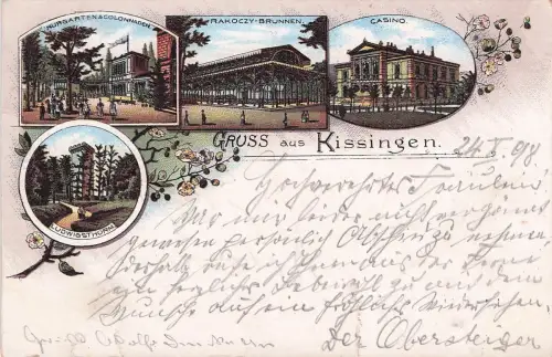 Lithographie Bad Kissingen, Rakoczy-Brunnen, Casino, Kurgarten, Colonnaden, Ludwigsthurm -797388