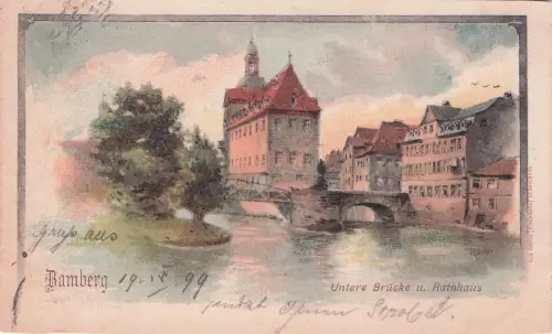 Lithographie Bamberg, Brückenpartie mit Rathaus -797408