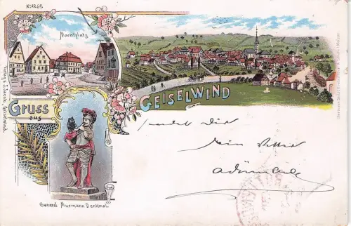 Lithographie Geiselwind, Marktplatz, General Murmann-Denkmal und Totalansicht -797386