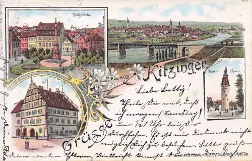 Lithographie Kitzingen am Main, Rathaus Nordseite, Königsplatz, Krieger-Denkmal -797390
