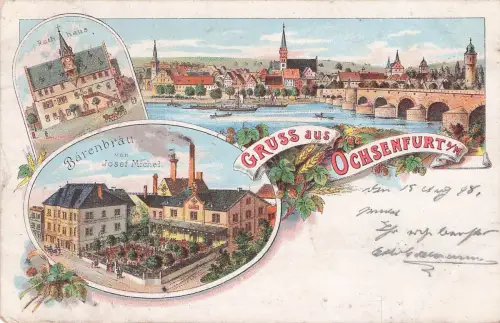 Lithographie Ochsenfurt a. M., Bärenbräu von Josef Michel, Rathaus, Ortsansicht -797400
