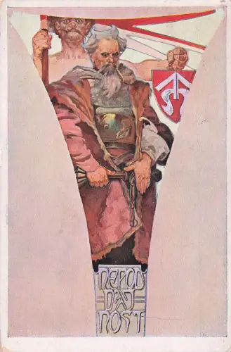 Künstler-AK Alphonse Mucha: Nepoddajnost, Krieger mit entschlossenem Blick -797554