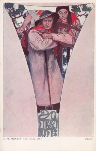 Künstler-AK Alphonse Mucha: Ostrazitost, Chod, Bergmann mit Hammer und Frau -797548