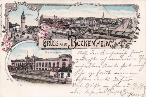 Lithographie Bockenheim / Frankfurt, Husaren-Caserne, Warte, Ortsansicht mit Bahnhof -797522