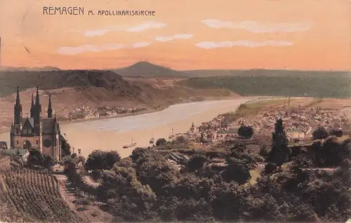 Ak Remagen am Rhein, Ortsansicht und Apollinariskirche -797468