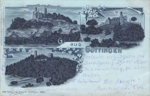 MONDSCHEINLITHO GRUSS AUS GÖTTINGEN HAUS + HARDENBERG 3 BILD UM 1900 -797536