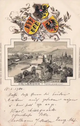 Passepartout-Lithographie Heilbronn, Stadt-Panorama mit Fluss, Wappen -797668