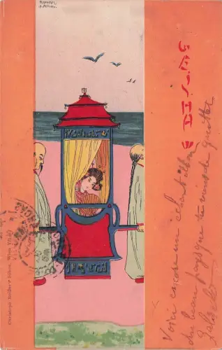 Gestempelte Künstlerpostkarte Raphael Kirchner Geisha in einer Sänfte Jugendstil -797818