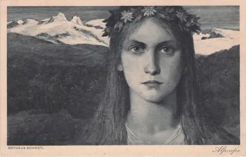 Künstler-AK Matthäus Schiestl: Alpenfee, Junge Frau mit Blumenkranz -797780