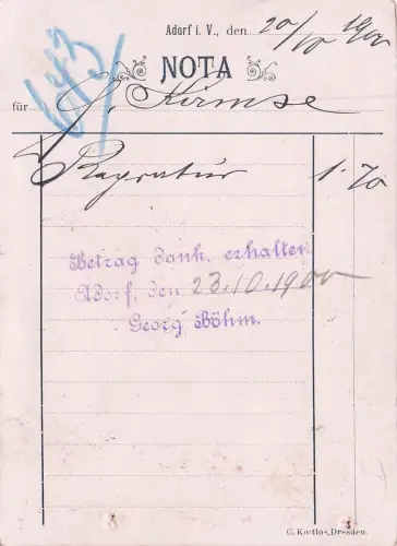 Georg Böhm Schuhmachermeister Schuhwaaren-Lager Wiener u. deutscher Fabrikate. Anfertigung nach Maass. Reparaturwerkstatt. Adorf i. V., Hauptstr. 14. -797884