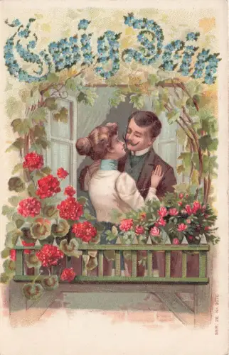 Forever yours 1905 Happy Couple About to Kiss Roses Balkon geprägte Postkarte -797912