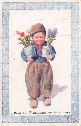 Künstler Ak Feiertag, Karl, Junge in niederländischer Tracht, Blumen -797948