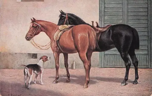 Künstler-AK Carl Reichert: Gesattelte Pferde und Hund bereit für die Jagd -797964