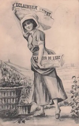 Frau im Stil der Belle Époque oder des Art Nouveau, die eine Zeitung trägt. Der Stil erinnert an die Zeit um die Jahrhundertwende vom 19. zum 20. Jahrhundert. -798042