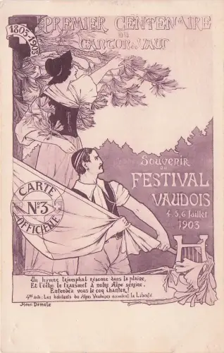 Künstler-AK Schweiz, Premier Centenaire du Canton de Vaud 1903, Souvenir du Festival Vaudois 1903, Paar mit Flagge -798044