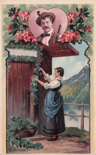 Künstler-AK E. Döcker: Junge Frau schmückt den Hauseingang und erwarten ihren Liebsten, Dir z` Liab -798110