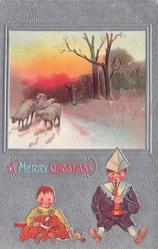 Christmas Greeting Cute Children Holding Toys And Sheep With Herder Postcard -798184