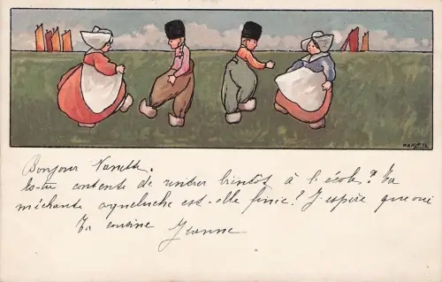 Lithographie Zwei Paare in Tracht beim Tanz, Holland -798214